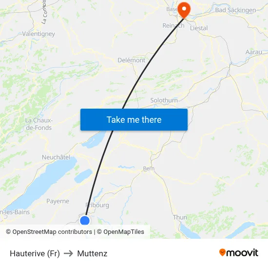 Hauterive (Fr) to Muttenz map