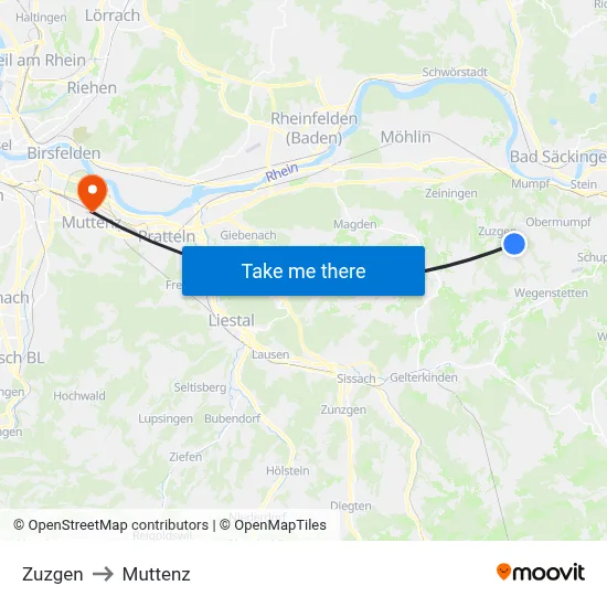Zuzgen to Muttenz map