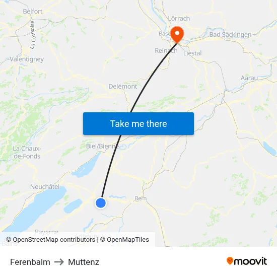 Ferenbalm to Muttenz map