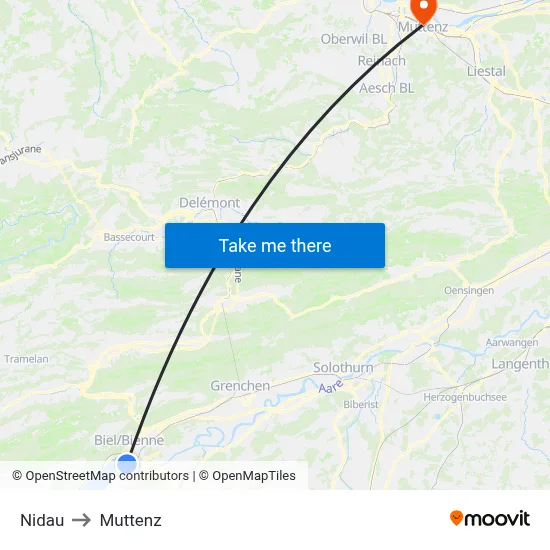 Nidau to Muttenz map