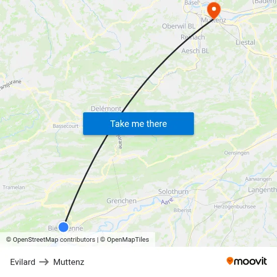Evilard to Muttenz map