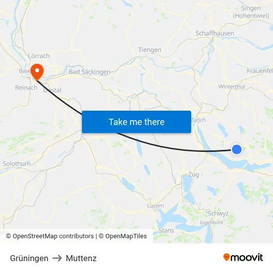Grüningen to Muttenz map