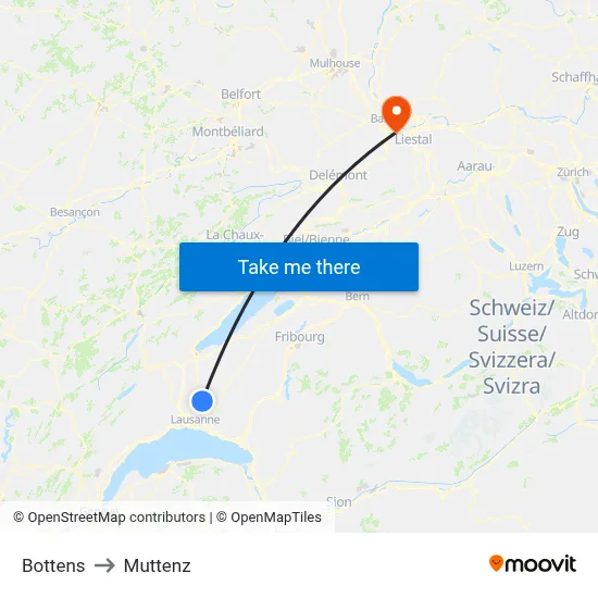 Bottens to Muttenz map