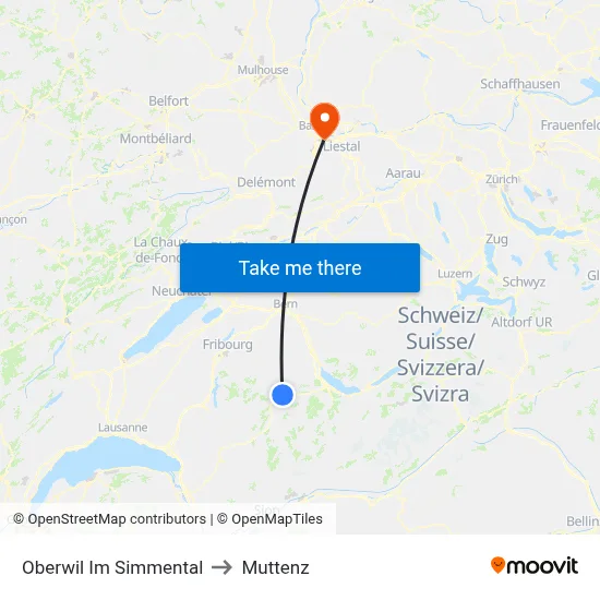 Oberwil Im Simmental to Muttenz map