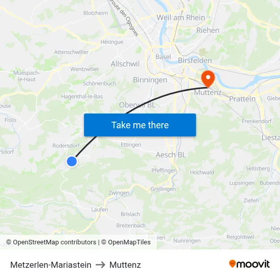 Metzerlen-Mariastein to Muttenz map