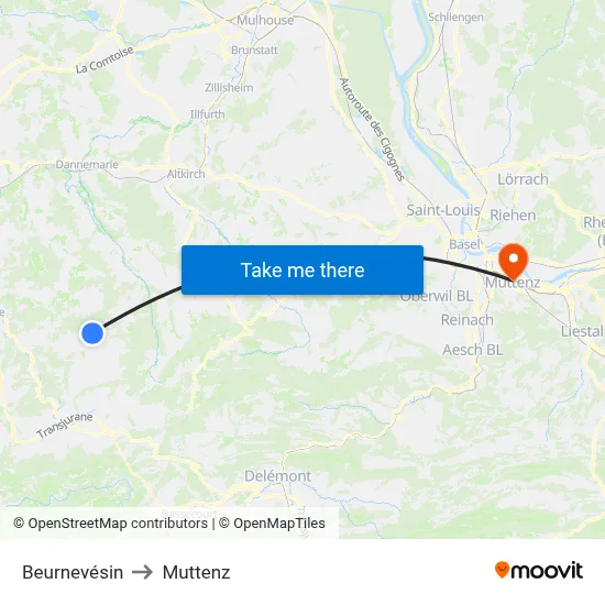 Beurnevésin to Muttenz map