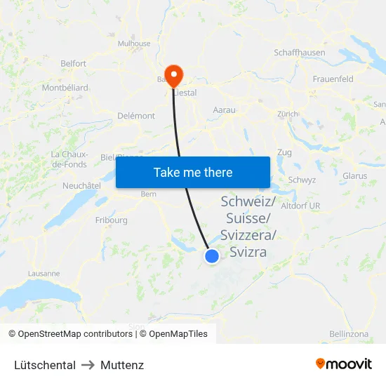 Lütschental to Muttenz map