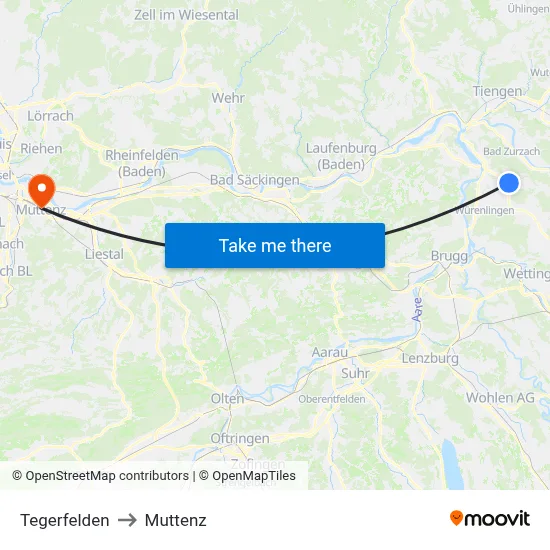 Tegerfelden to Muttenz map