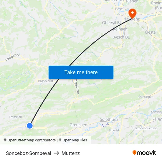 Sonceboz-Sombeval to Muttenz map