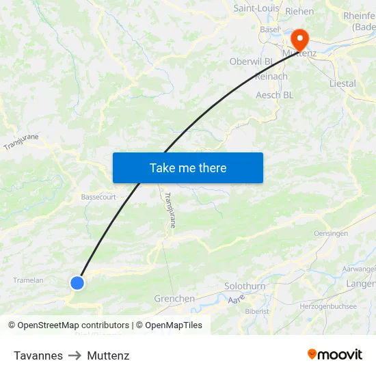 Tavannes to Muttenz map