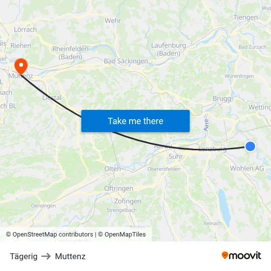 Tägerig to Muttenz map