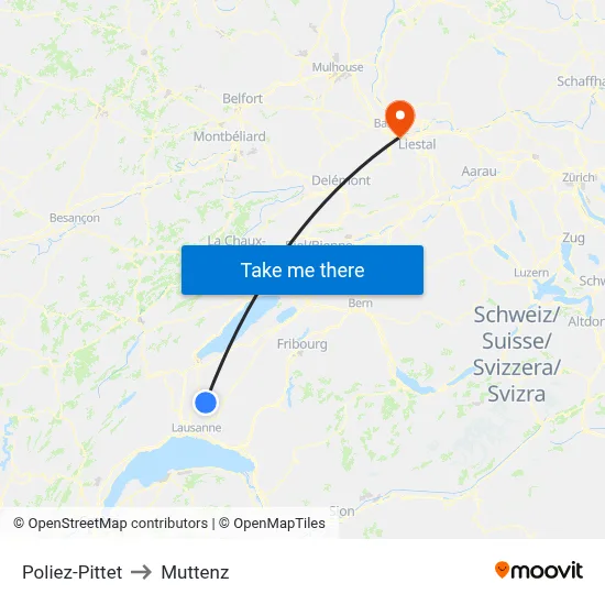 Poliez-Pittet to Muttenz map