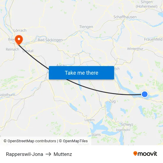 Rapperswil-Jona to Muttenz map