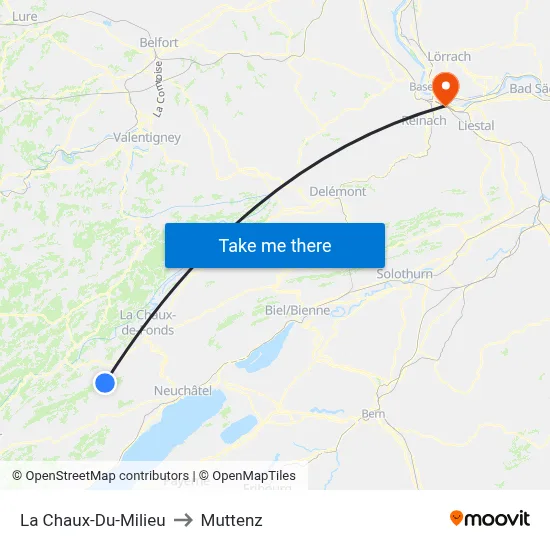 La Chaux-Du-Milieu to Muttenz map