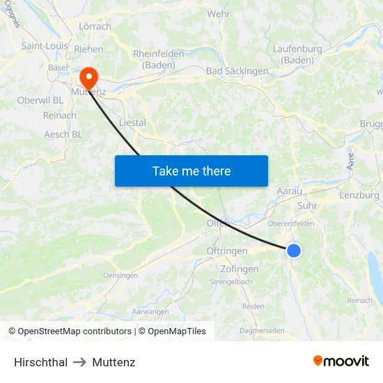 Hirschthal to Muttenz map