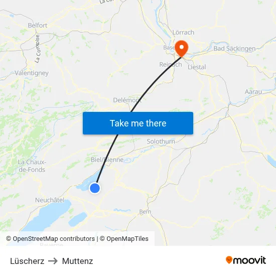 Lüscherz to Muttenz map