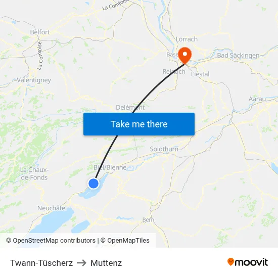 Twann-Tüscherz to Muttenz map