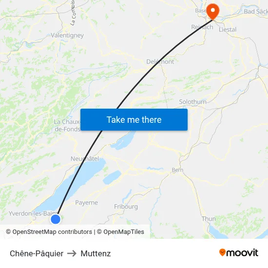 Chêne-Pâquier to Muttenz map