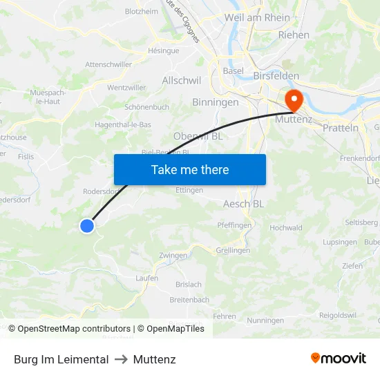 Burg Im Leimental to Muttenz map