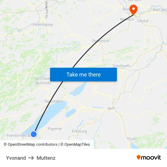 Yvonand to Muttenz map