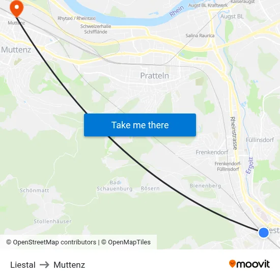 Liestal to Muttenz map