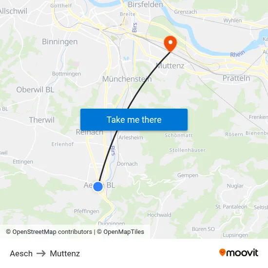 Aesch to Muttenz map