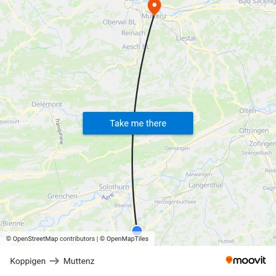 Koppigen to Muttenz map