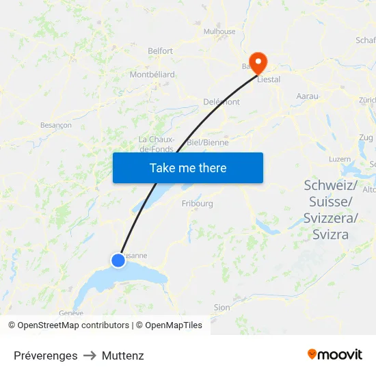 Préverenges to Muttenz map