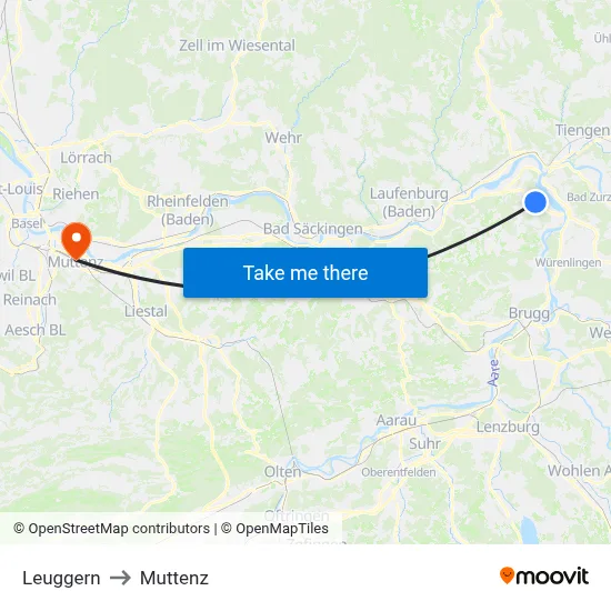 Leuggern to Muttenz map