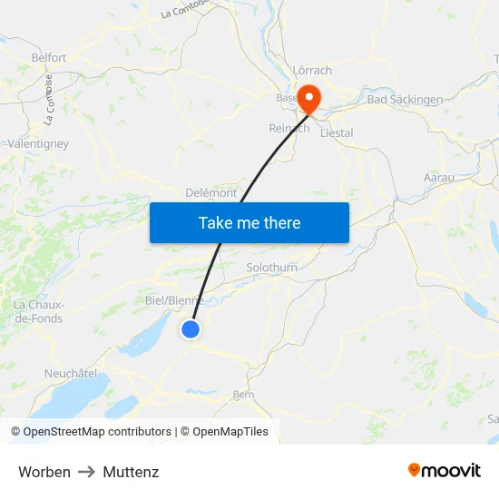 Worben to Muttenz map