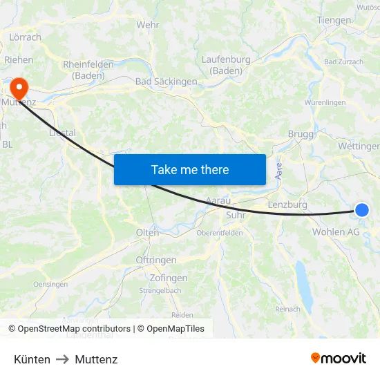 Künten to Muttenz map