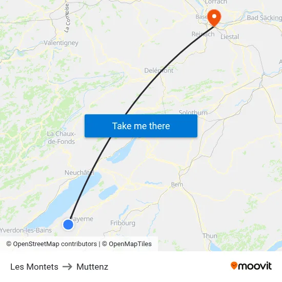 Les Montets to Muttenz map