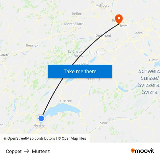 Coppet to Muttenz map