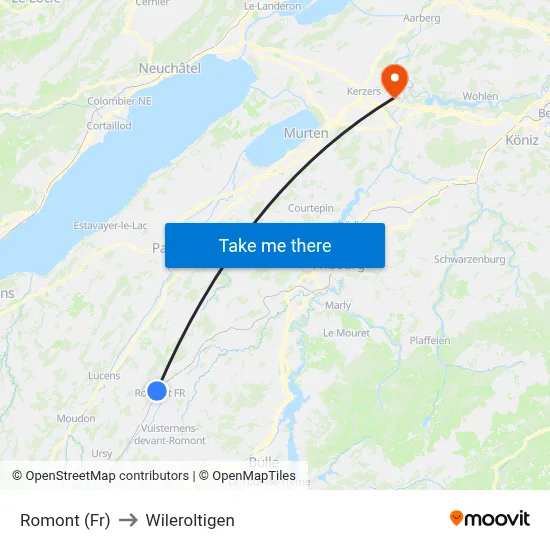 Romont (Fr) to Wileroltigen map