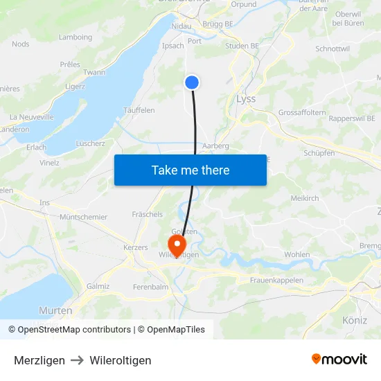 Merzligen to Wileroltigen map