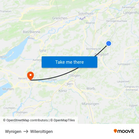 Wynigen to Wileroltigen map