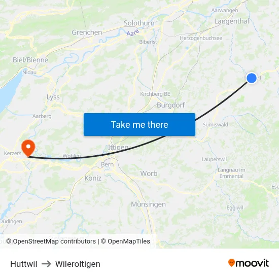 Huttwil to Wileroltigen map