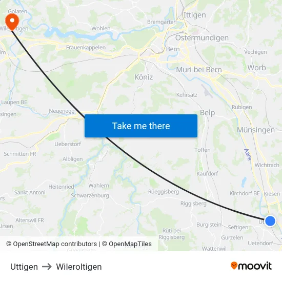 Uttigen to Wileroltigen map