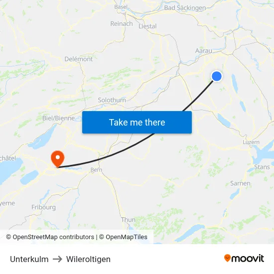 Unterkulm to Wileroltigen map