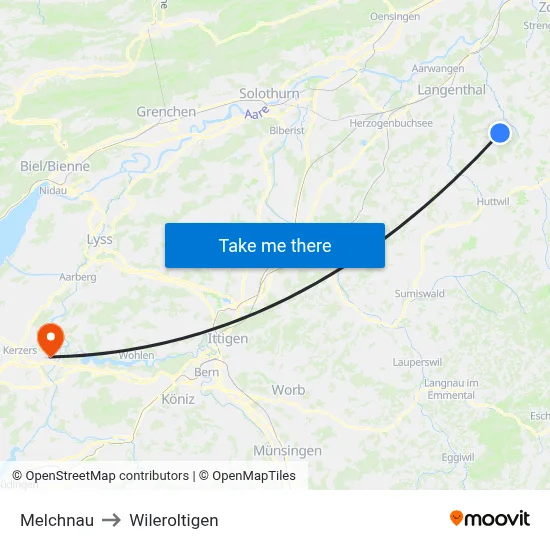 Melchnau to Wileroltigen map