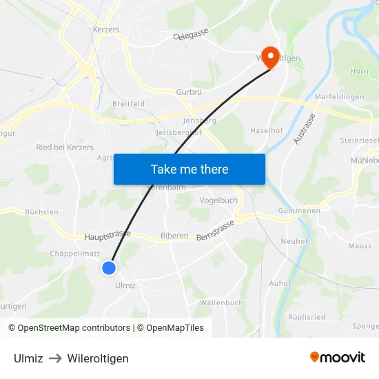 Ulmiz to Wileroltigen map