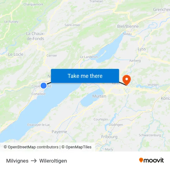 Milvignes to Wileroltigen map
