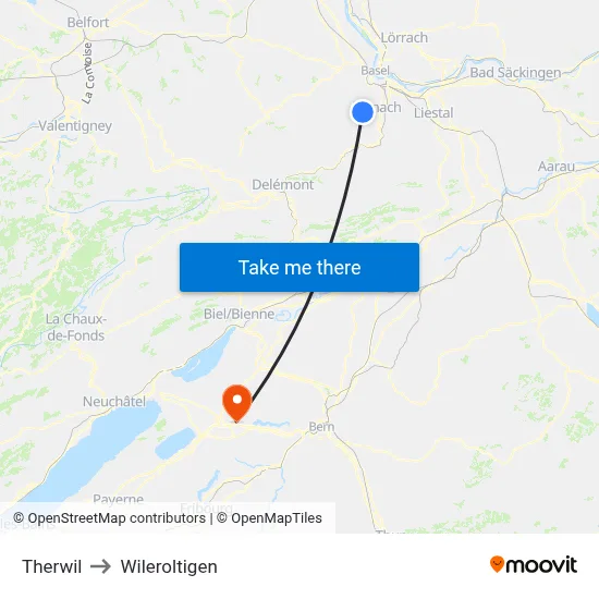 Therwil to Wileroltigen map