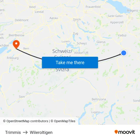 Trimmis to Wileroltigen map