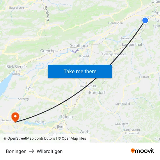 Boningen to Wileroltigen map