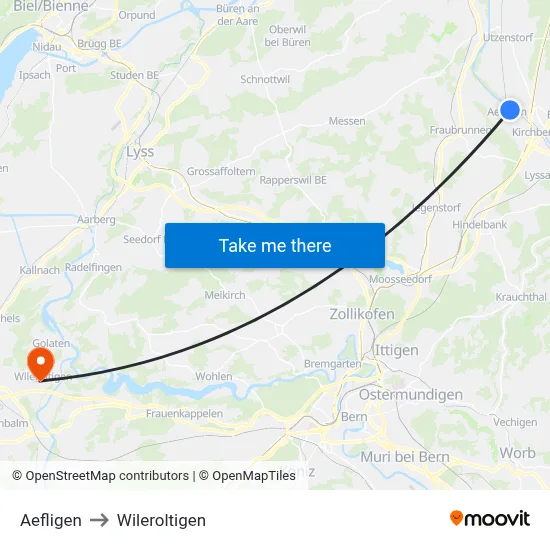 Aefligen to Wileroltigen map