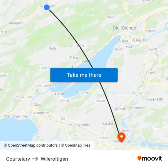 Courtelary to Wileroltigen map
