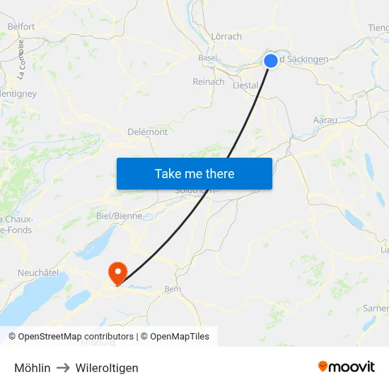 Möhlin to Wileroltigen map