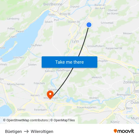 Büetigen to Wileroltigen map