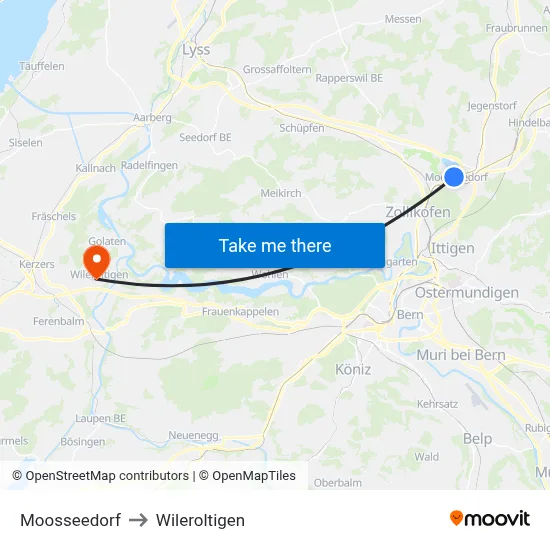 Moosseedorf to Wileroltigen map
